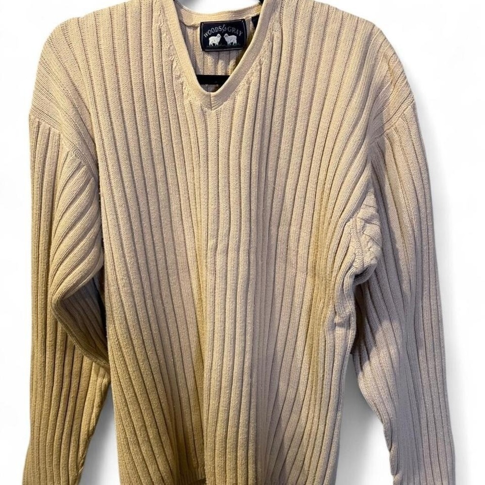 Woods & Gray Mens XL V-Neck Sweater Beige Ribbed Knit 100% Cotton Pullover